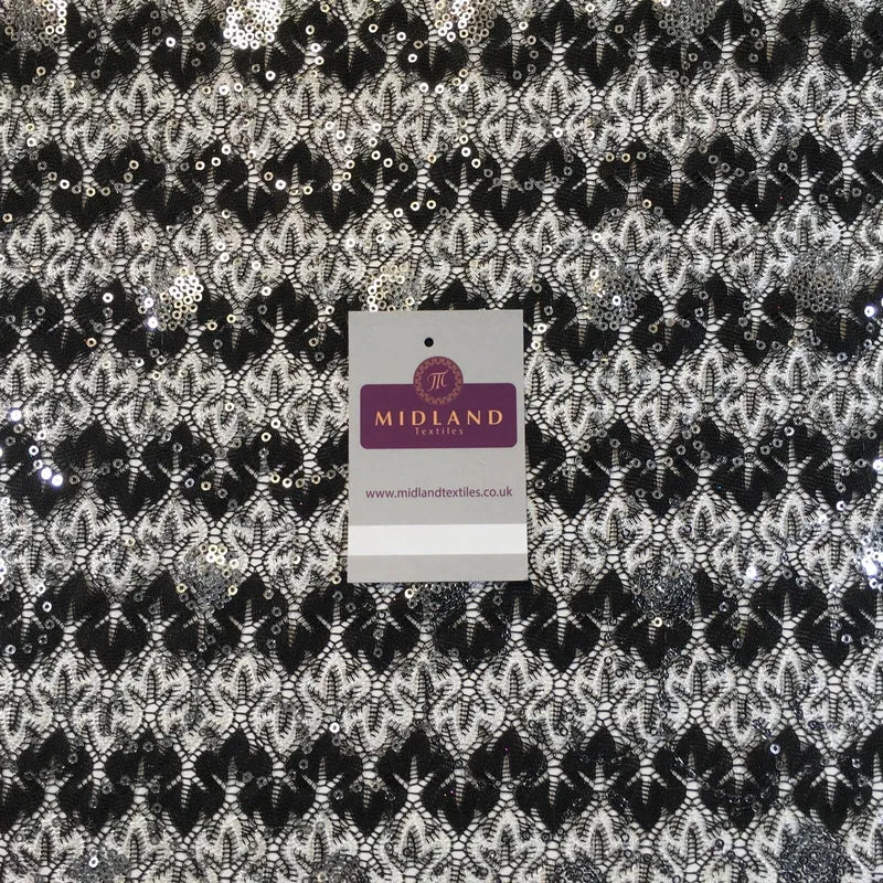 Black and white Geometric Silver Sequined lace dress fabric 58" M781 Mtex