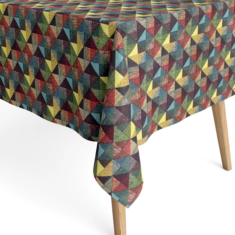 Jacquard Tischdecke aus beschichteter Baumwolle mit Fleckenschutz RUBRIK bunte Dreiecke Mosaik eckig rund oval