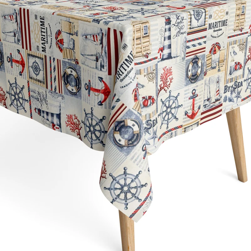 Jacquard Tischdecke aus beschichteter Baumwolle mit Fleckenschutz BAYLINEA maritim Leuchtturm Anker eckig rund oval