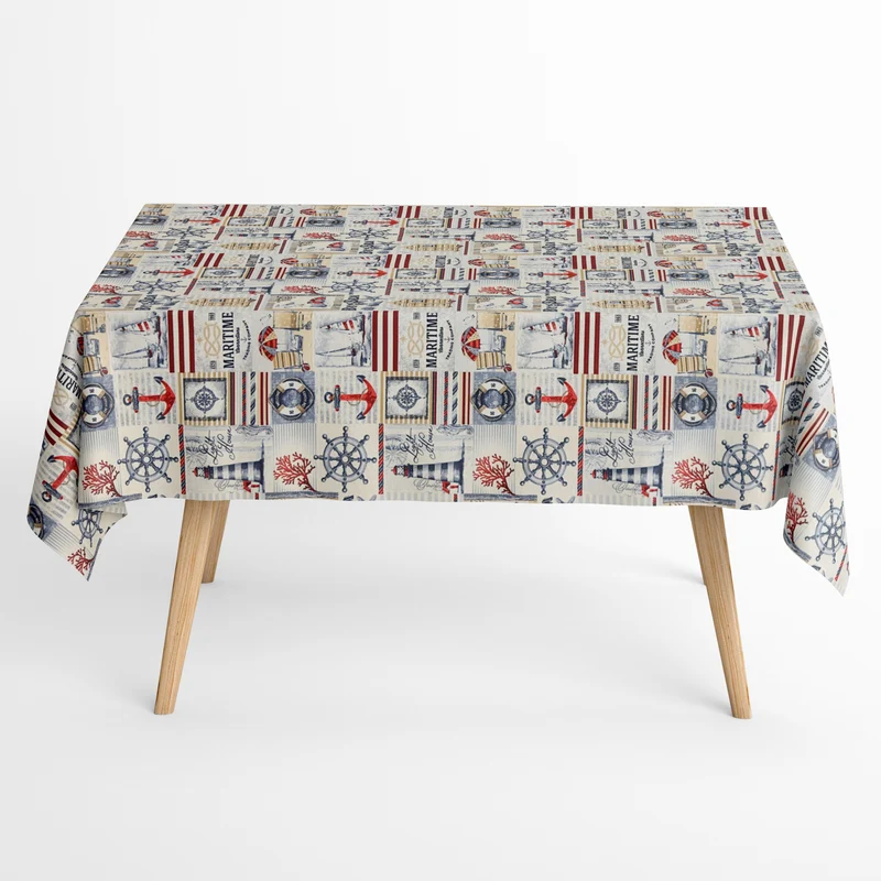 Jacquard Tischdecke aus beschichteter Baumwolle mit Fleckenschutz BAYLINEA maritim Leuchtturm Anker eckig rund oval