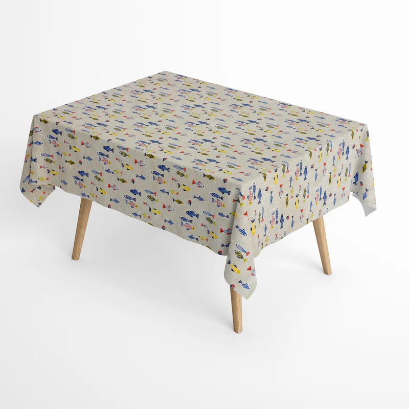 Jacquard Tischdecke aus beschichteter Baumwolle mit Fleckenschutz TUNA MULTI martim bunte Fische eckig rund oval
