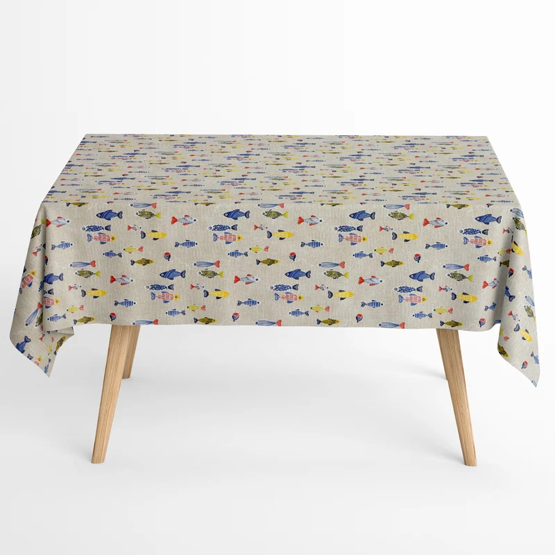 Jacquard Tischdecke aus beschichteter Baumwolle mit Fleckenschutz TUNA MULTI martim bunte Fische eckig rund oval