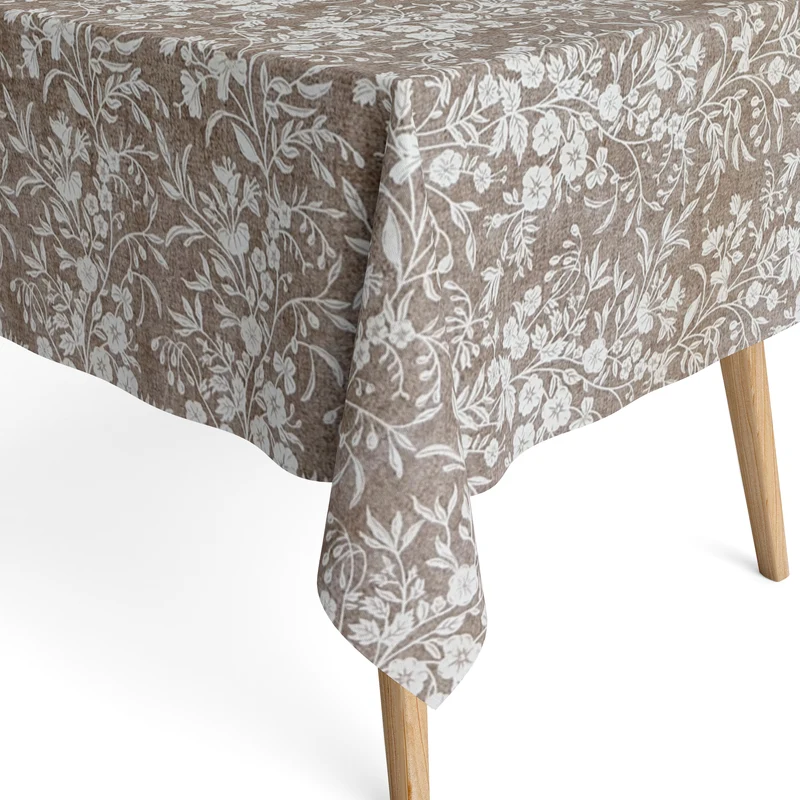 Jacquard Tischdecke aus beschichteter Baumwolle mit Fleckenschutz ROSANO BLANCO beige Blumenranken eckig rund oval