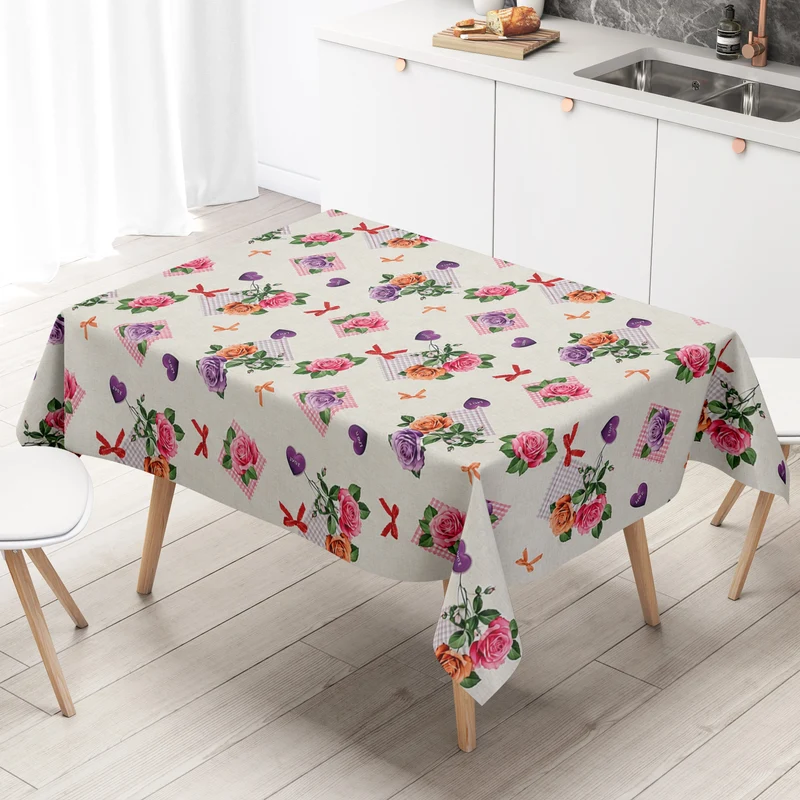 Wachstuch Tischdecke 218A rosa Rosen auf beige eckig rund oval