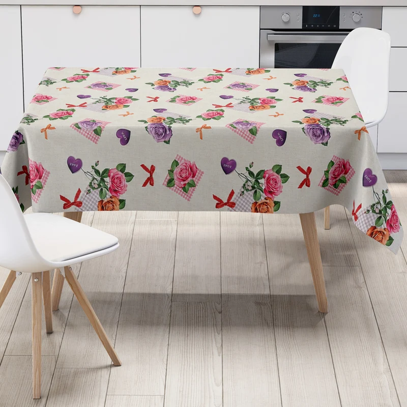 Wachstuch Tischdecke 218A rosa Rosen auf beige eckig rund oval