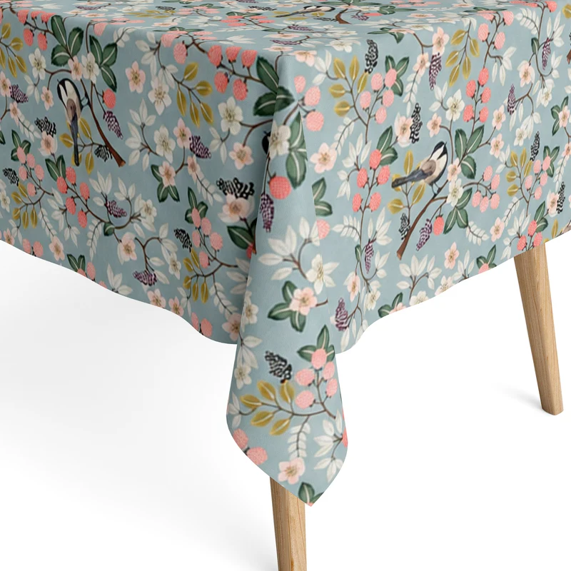 Jacquard Tischdecke aus beschichteter Baumwolle mit Fleckenschutz DG132 hellblau Beeren Meisen eckig rund ovall