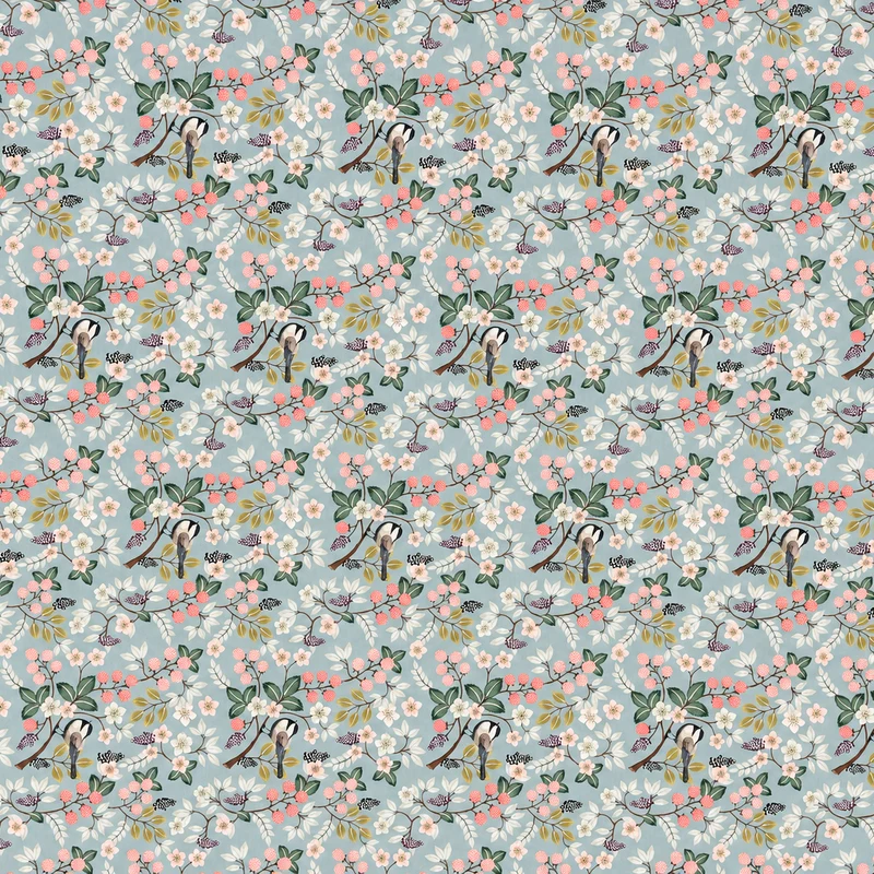 Jacquard Tischdecke aus beschichteter Baumwolle mit Fleckenschutz DG132 hellblau Beeren Meisen eckig rund ovall