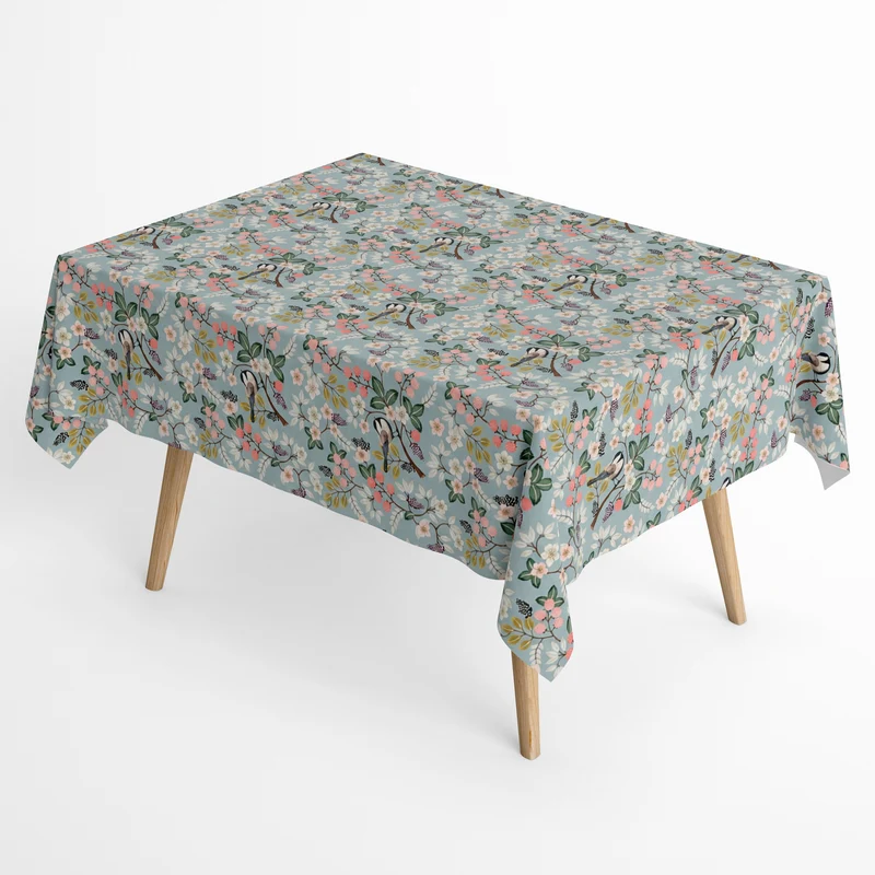Jacquard Tischdecke aus beschichteter Baumwolle mit Fleckenschutz DG132 hellblau Beeren Meisen eckig rund ovall