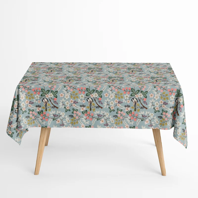 Jacquard Tischdecke aus beschichteter Baumwolle mit Fleckenschutz DG132 hellblau Beeren Meisen eckig rund ovall