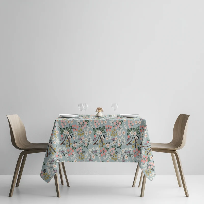 Jacquard Tischdecke aus beschichteter Baumwolle mit Fleckenschutz DG132 hellblau Beeren Meisen eckig rund ovall