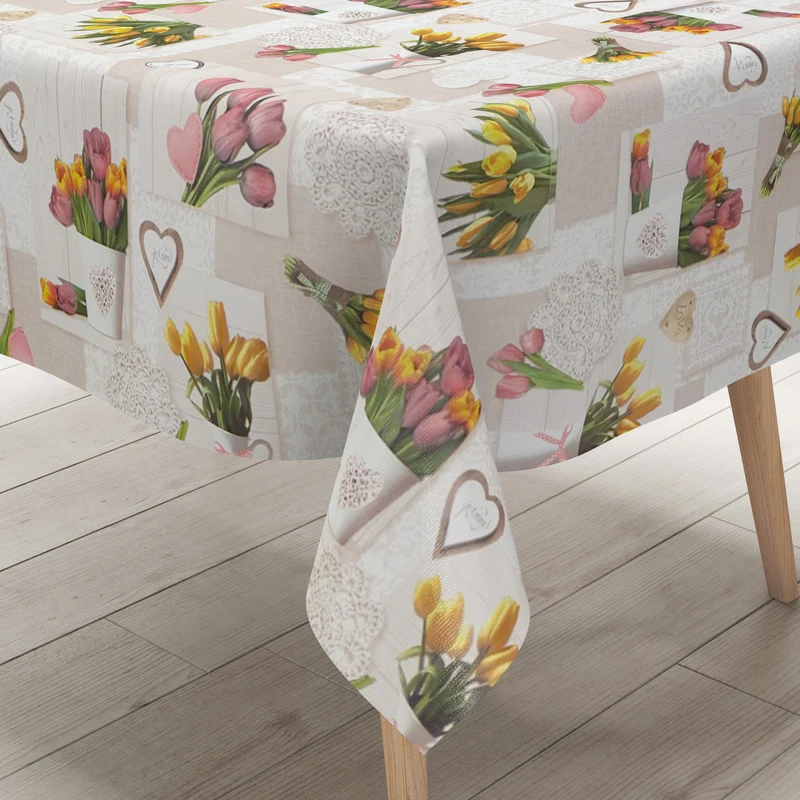 Wachstuch Tischdecke K37A beige Tulpen Holz HOME Frühjahr eckig rund oval