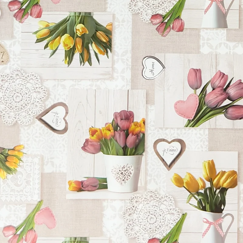 Wachstuch Tischdecke K37A beige Tulpen Holz HOME Frühjahr eckig rund oval