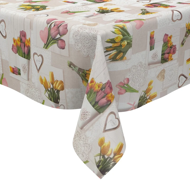 Wachstuch Tischdecke K37A beige Tulpen Holz HOME Frühjahr eckig rund oval