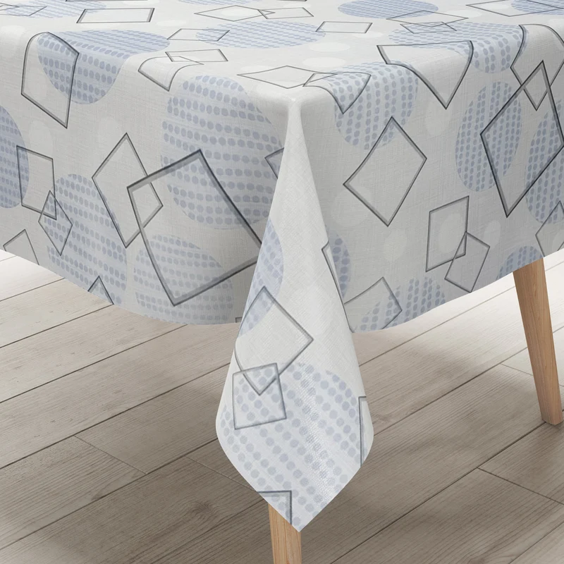 Wachstuch Tischdecke K231C hellblau Vierecke und Kreise eckig rund oval