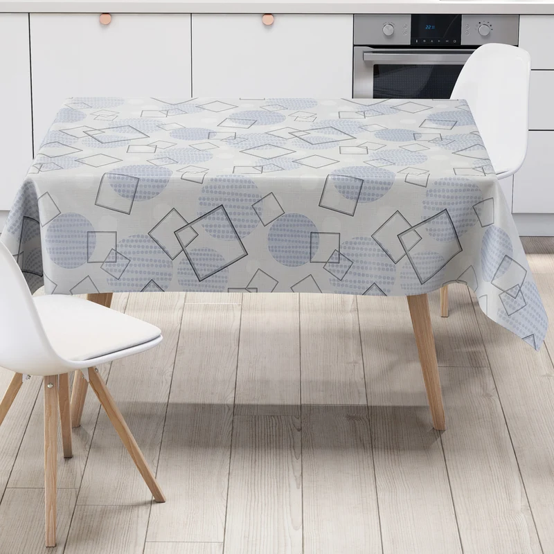 Wachstuch Tischdecke K231C hellblau Vierecke und Kreise eckig rund oval