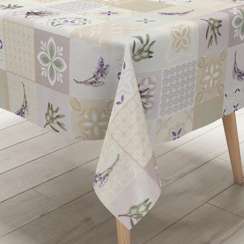 Wachstuch Tischdecke K259C beige Lavendel Oliven und Mosaikfliesen eckig rund oval