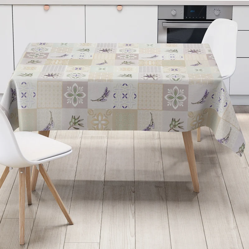 Wachstuch Tischdecke K259C beige Lavendel Oliven und Mosaikfliesen eckig rund oval
