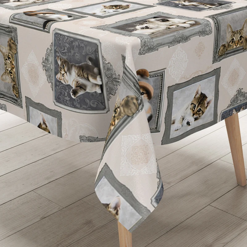 Wachstuch Tischdecke 221A Katze und Katzenbabys auf beige eckig rund oval