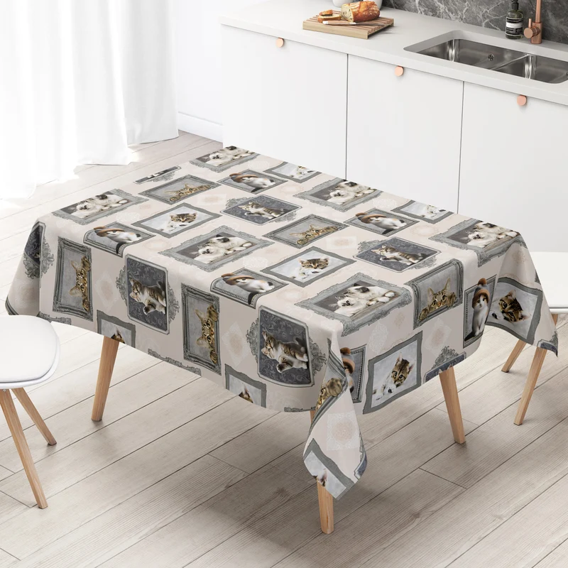 Wachstuch Tischdecke 221A Katze und Katzenbabys auf beige eckig rund oval