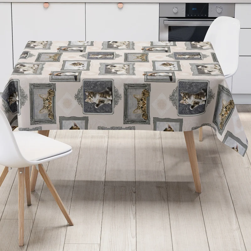 Wachstuch Tischdecke 221A Katze und Katzenbabys auf beige eckig rund oval