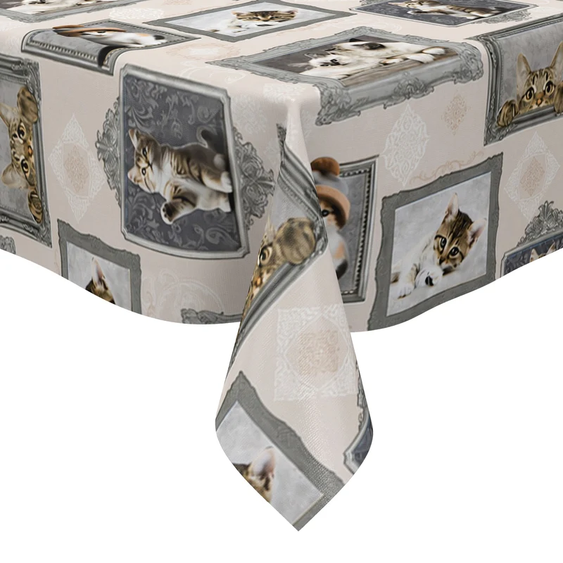 Wachstuch Tischdecke 221A Katze und Katzenbabys auf beige eckig rund oval