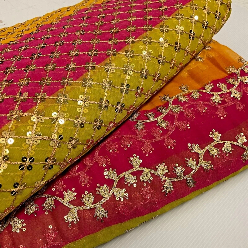 Indian Multicoloured Gold Embroidered Chiffon Skirt Fabric 100cm M1697 Mtex