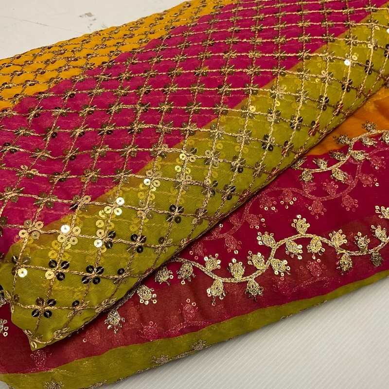 Indian Multicoloured Gold Embroidered Chiffon Skirt Fabric 100cm M1697 Mtex