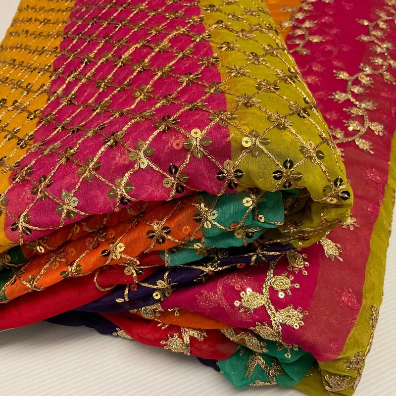 Indian Multicoloured Gold Embroidered Chiffon Skirt Fabric 100cm M1697 Mtex