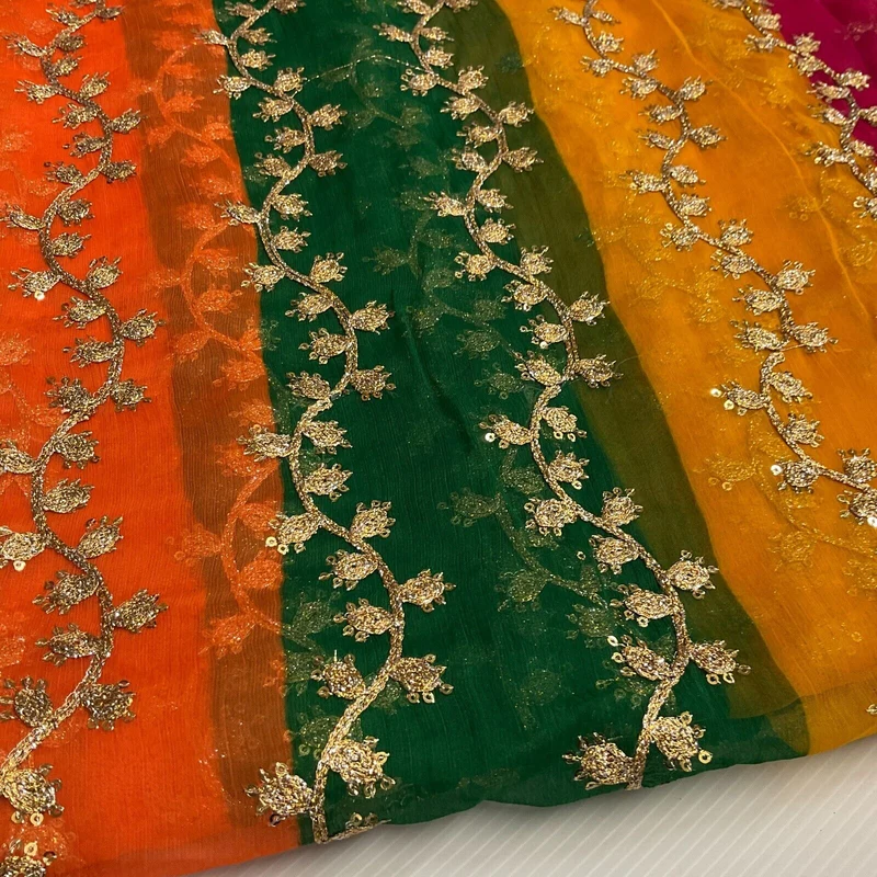 Indian Multicoloured Gold Embroidered Chiffon Skirt Fabric 100cm M1697 Mtex