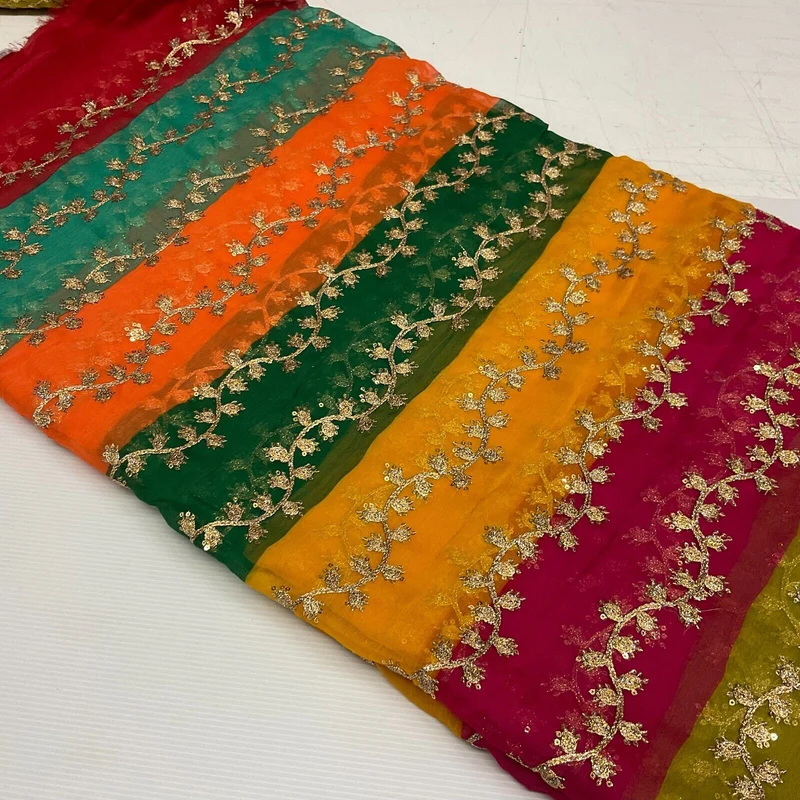 Indian Multicoloured Gold Embroidered Chiffon Skirt Fabric 100cm M1697 Mtex
