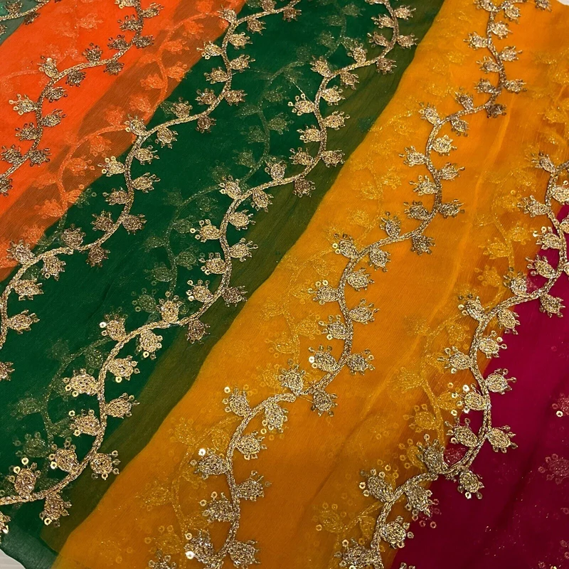 Indian Multicoloured Gold Embroidered Chiffon Skirt Fabric 100cm M1697 Mtex