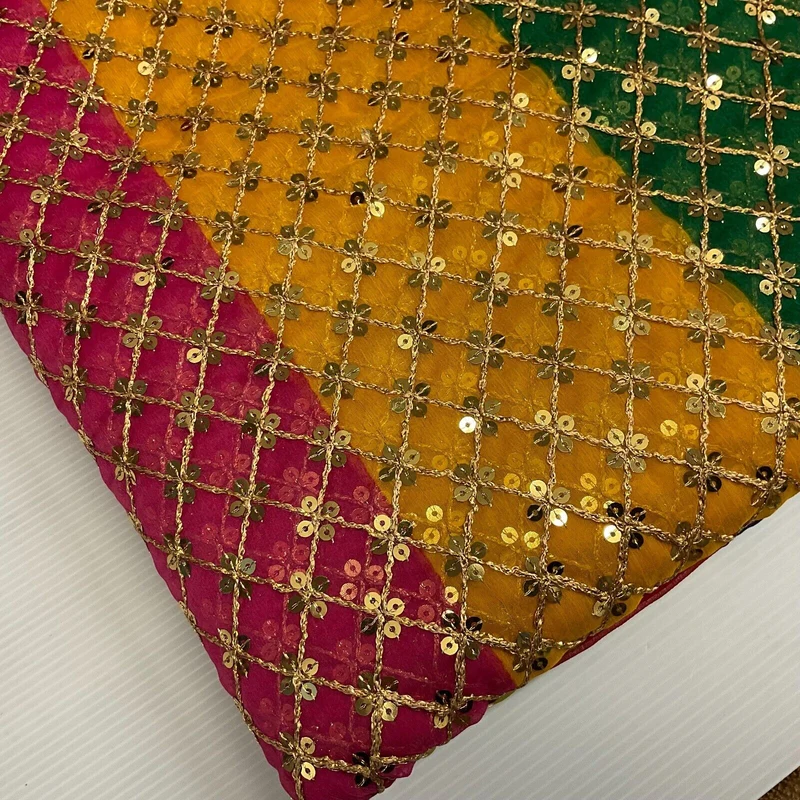 Indian Multicoloured Gold Embroidered Chiffon Skirt Fabric 100cm M1697 Mtex