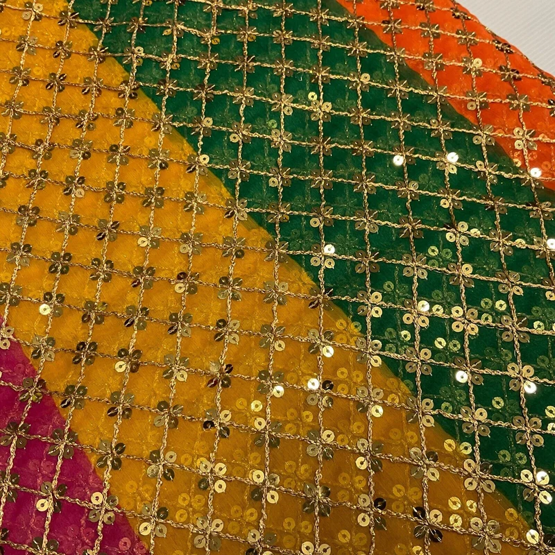 Indian Multicoloured Gold Embroidered Chiffon Skirt Fabric 100cm M1697 Mtex