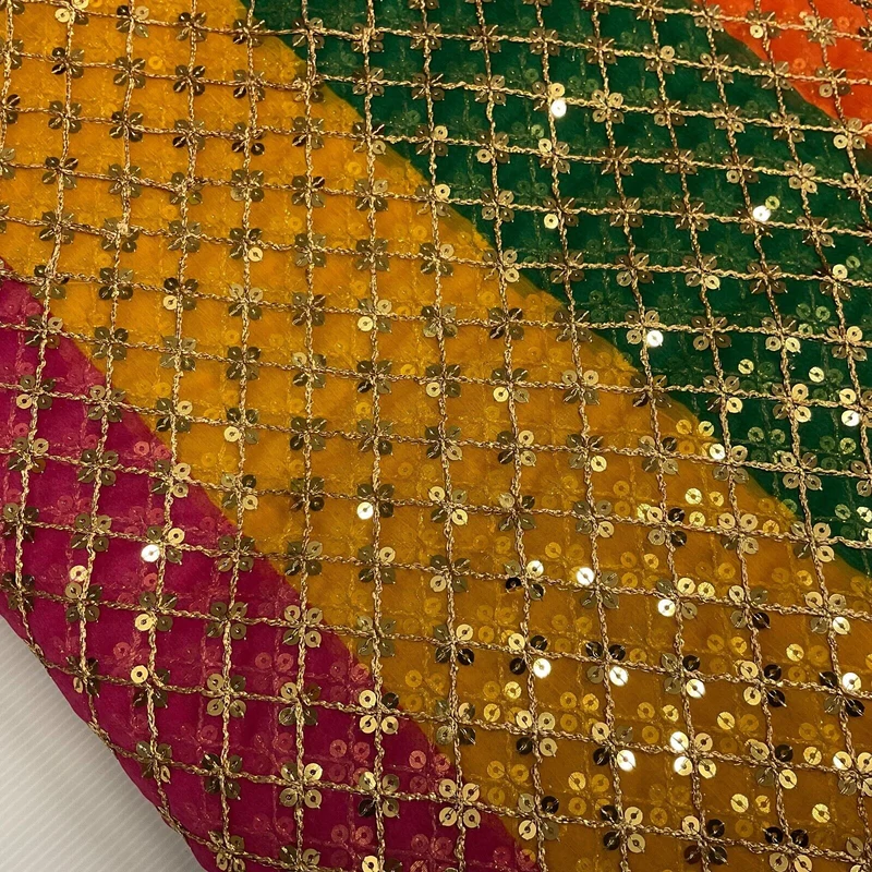 Indian Multicoloured Gold Embroidered Chiffon Skirt Fabric 100cm M1697 Mtex