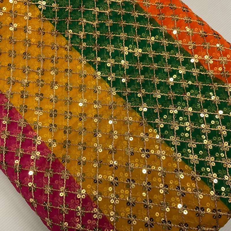 Indian Multicoloured Gold Embroidered Chiffon Skirt Fabric 100cm M1697 Mtex