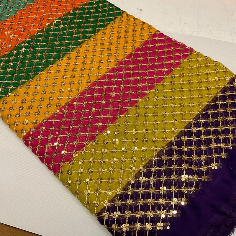 Indian Multicoloured Gold Embroidered Chiffon Skirt Fabric 100cm M1697 Mtex