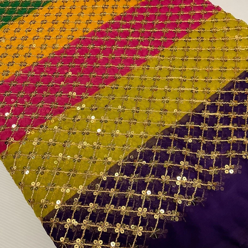 Indian Multicoloured Gold Embroidered Chiffon Skirt Fabric 100cm M1697 Mtex