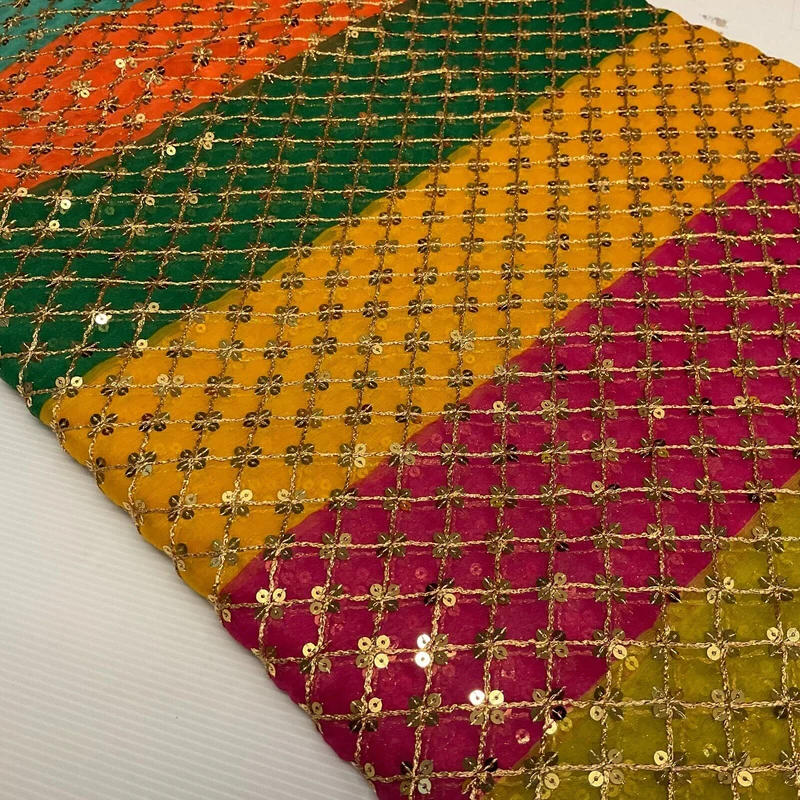 Indian Multicoloured Gold Embroidered Chiffon Skirt Fabric 100cm M1697 Mtex