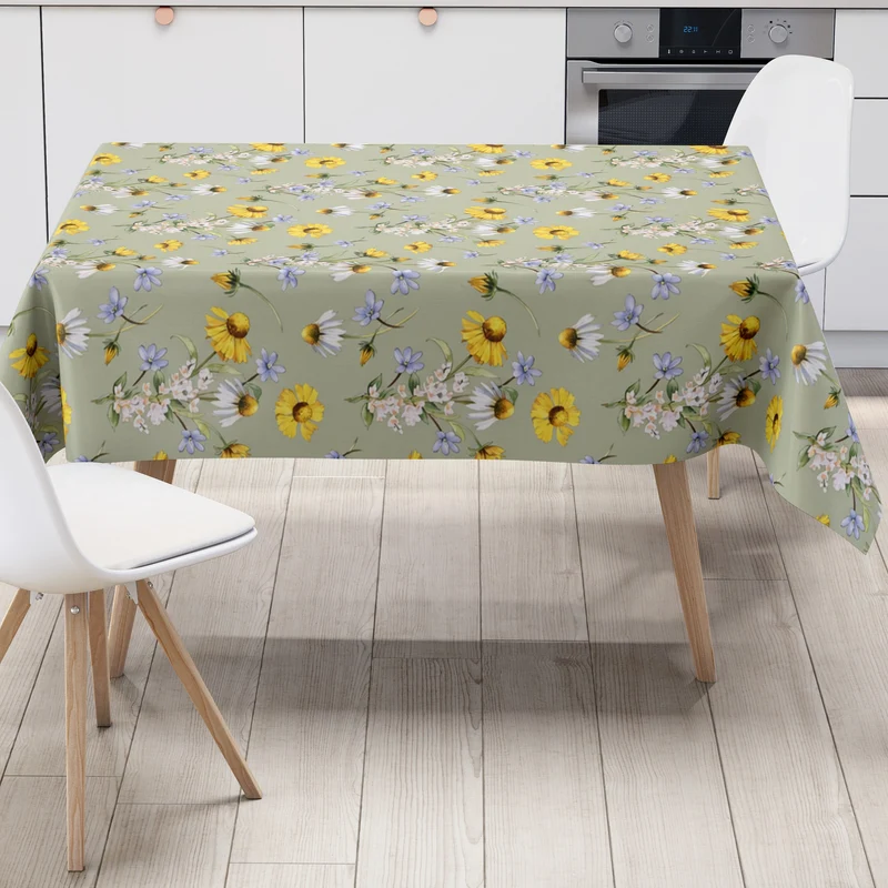 Wachstuch Tischdecke K150271 salbeigrün Wiesenblumen Margeriten eckig rund oval