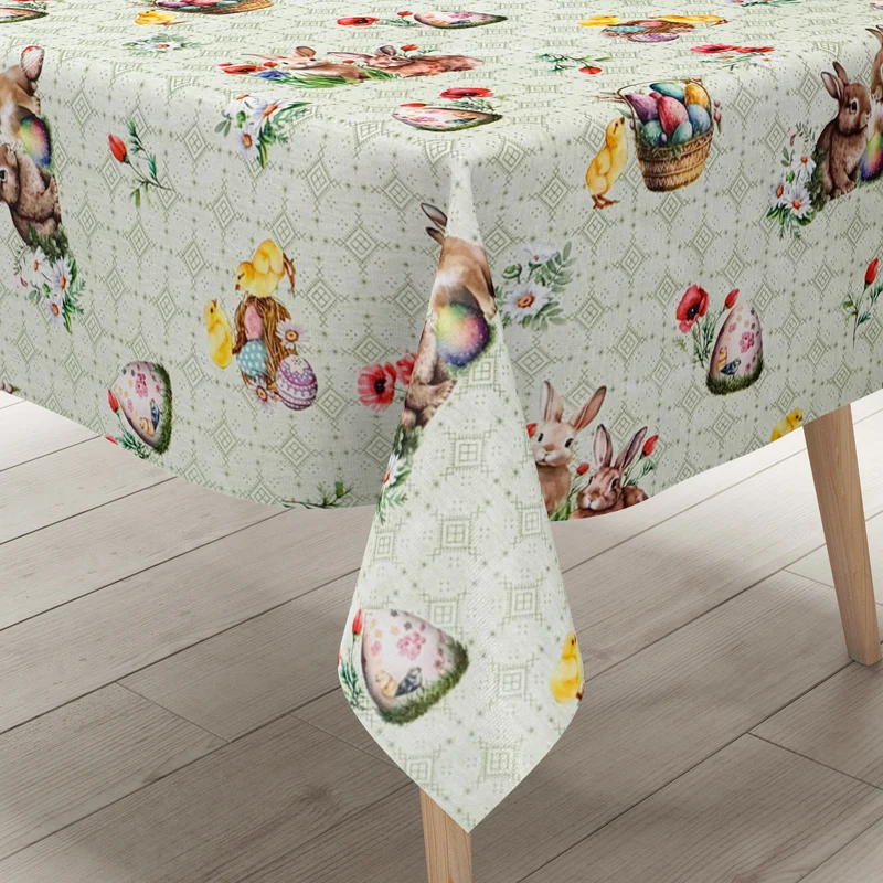 Wachstuch Tischdecke 01747-02 grün Ostern Osterhase Osterei Osterküken eckig rund oval