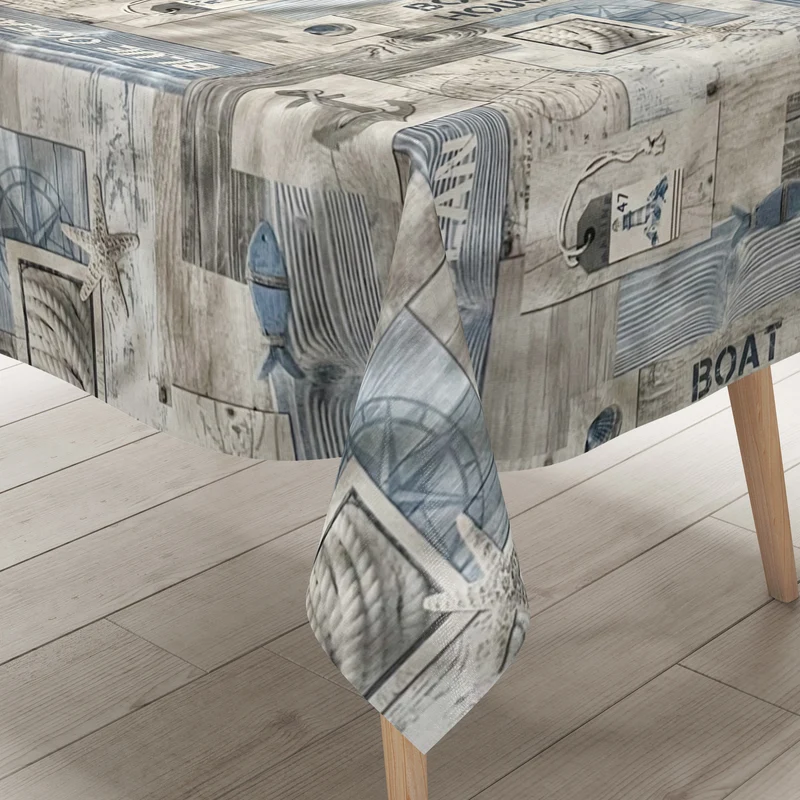 Wachstuch Tischdecke 01649-03 blau grau maritim Meer Beach Seestern Holz eckig rund oval