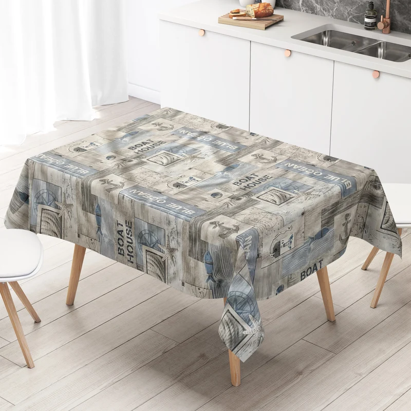 Wachstuch Tischdecke 01649-03 blau grau maritim Meer Beach Seestern Holz eckig rund oval