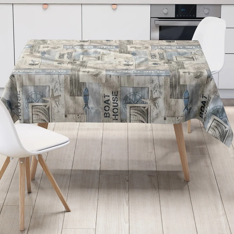 Wachstuch Tischdecke 01649-03 blau grau maritim Meer Beach Seestern Holz eckig rund oval