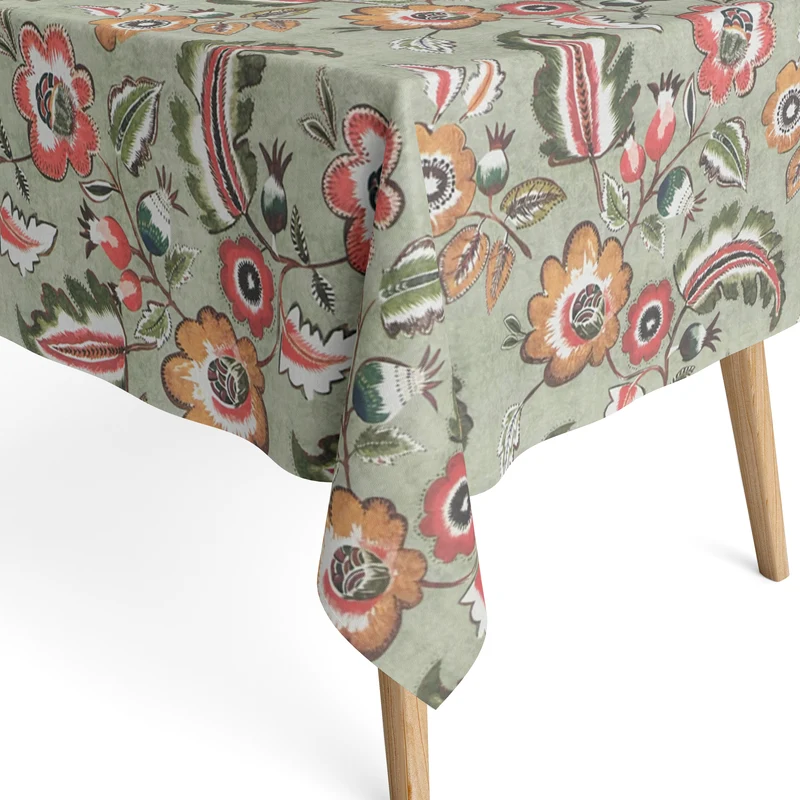 Jacquard Tischdecke aus beschichteter Baumwolle mit Fleckenschutz EcoNova BRADLEY olivgrün Blumen Blüten eckig rund oval