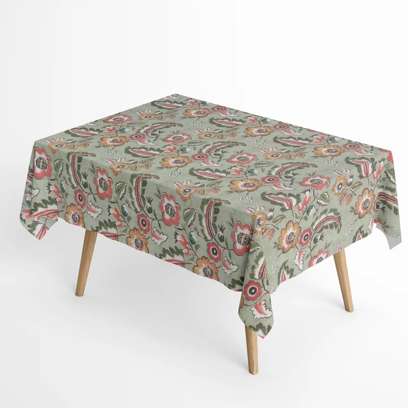 Jacquard Tischdecke aus beschichteter Baumwolle mit Fleckenschutz EcoNova BRADLEY olivgrün Blumen Blüten eckig rund oval