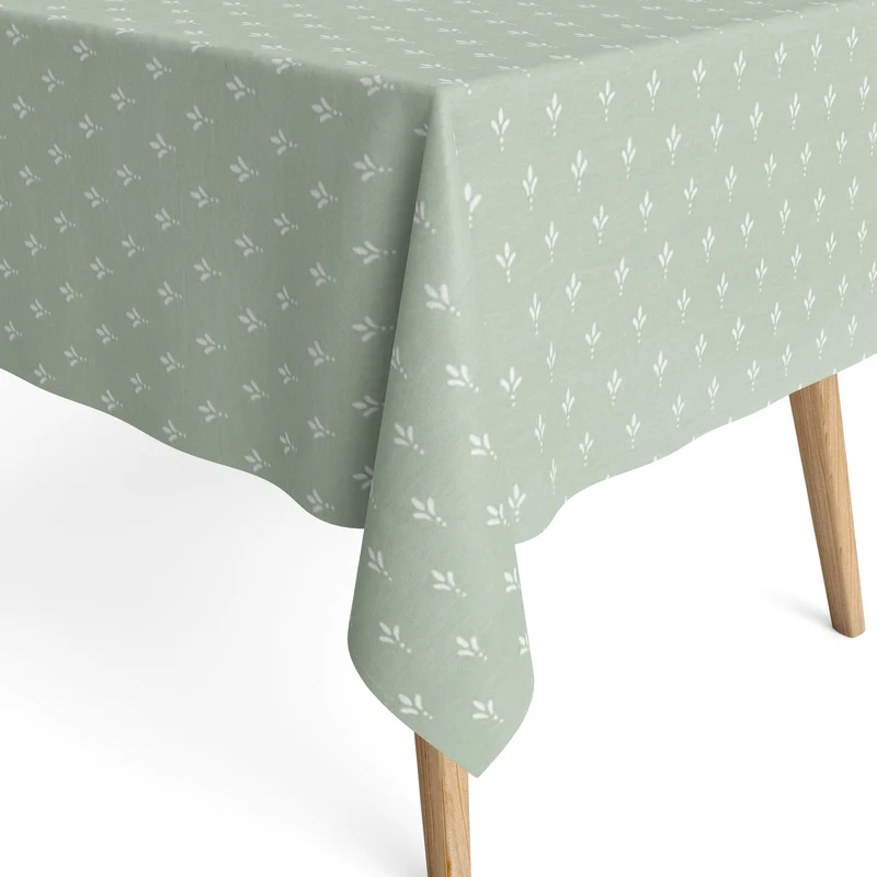 Jacquard Tischdecke aus beschichteter Baumwolle mit Fleckenschutz EcoNova LUNEL VERDE salbeigrün Blätter eckig rund oval