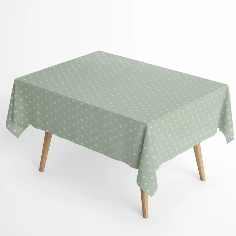 Jacquard Tischdecke aus beschichteter Baumwolle mit Fleckenschutz EcoNova LUNEL VERDE salbeigrün Blätter eckig rund oval