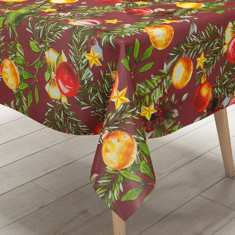 Wachstuch Tischdecke geprägt B5091-02 bordeaux Weihnachten Christbaumkugeln und Tannenzweige eckig rund oval