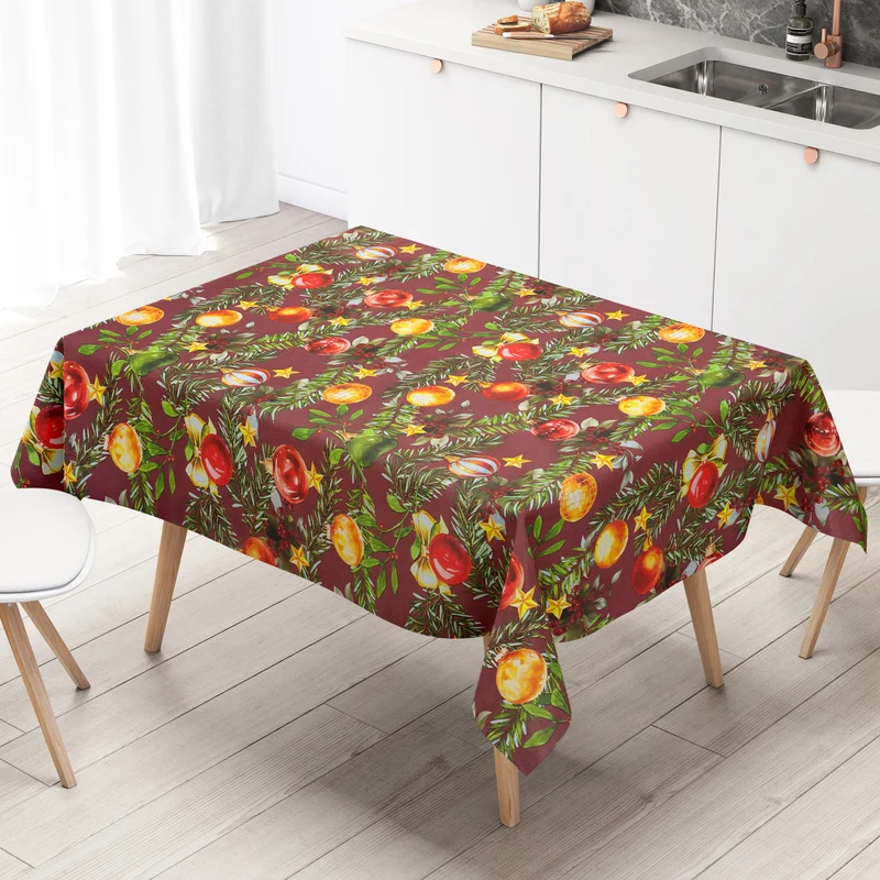 Wachstuch Tischdecke geprägt B5091-02 bordeaux Weihnachten Christbaumkugeln und Tannenzweige eckig rund oval