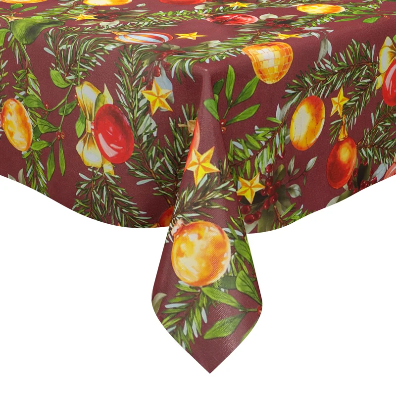 Wachstuch Tischdecke geprägt B5091-02 bordeaux Weihnachten Christbaumkugeln und Tannenzweige eckig rund oval